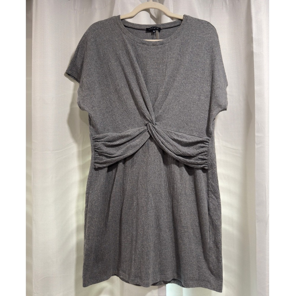1.STATE Womens Grey Twist Front Ribbed Knit Short Sleeve Mini Dress Medium